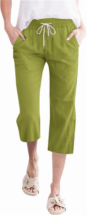 Linen Capri Pants for Women High Waist Drawstring Straight Leg Lounge Pants Summer Fashion Beach Capris with Pockets