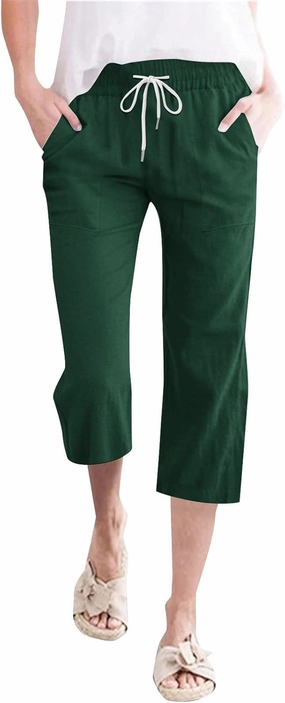 Linen Capri Pants for Women High Waist Drawstring Straight Leg Lounge Pants Summer Fashion Beach Capris with Pockets