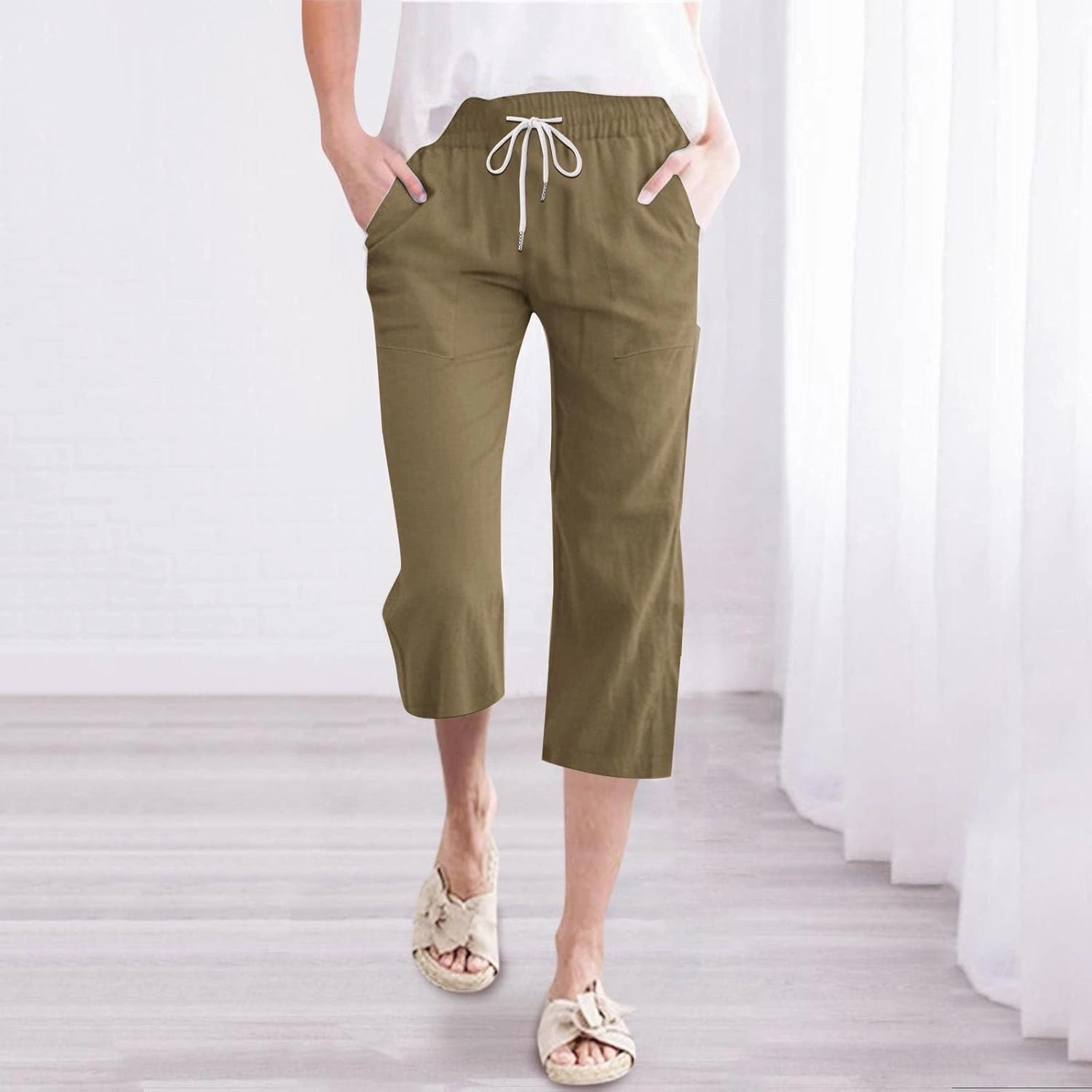 Linen Capri Pants for Women High Waist Drawstring Straight Leg Lounge Pants Summer Fashion Beach Capris with Pockets