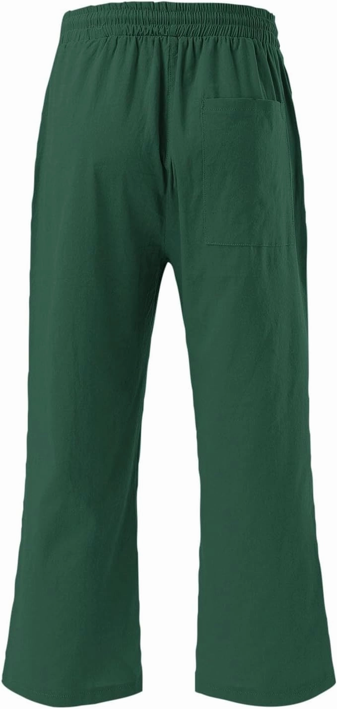 Linen Capri Pants for Women High Waist Drawstring Straight Leg Lounge Pants Summer Fashion Beach Capris with Pockets