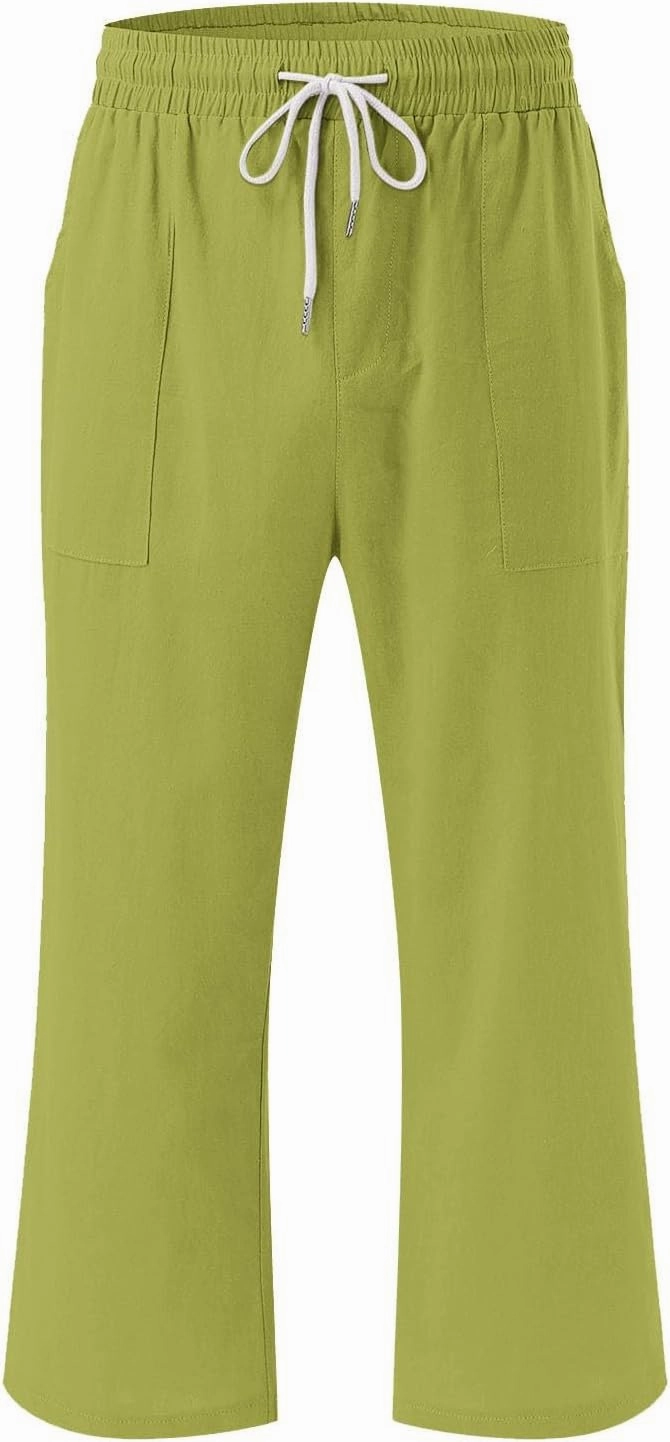 Linen Capri Pants for Women High Waist Drawstring Straight Leg Lounge Pants Summer Fashion Beach Capris with Pockets