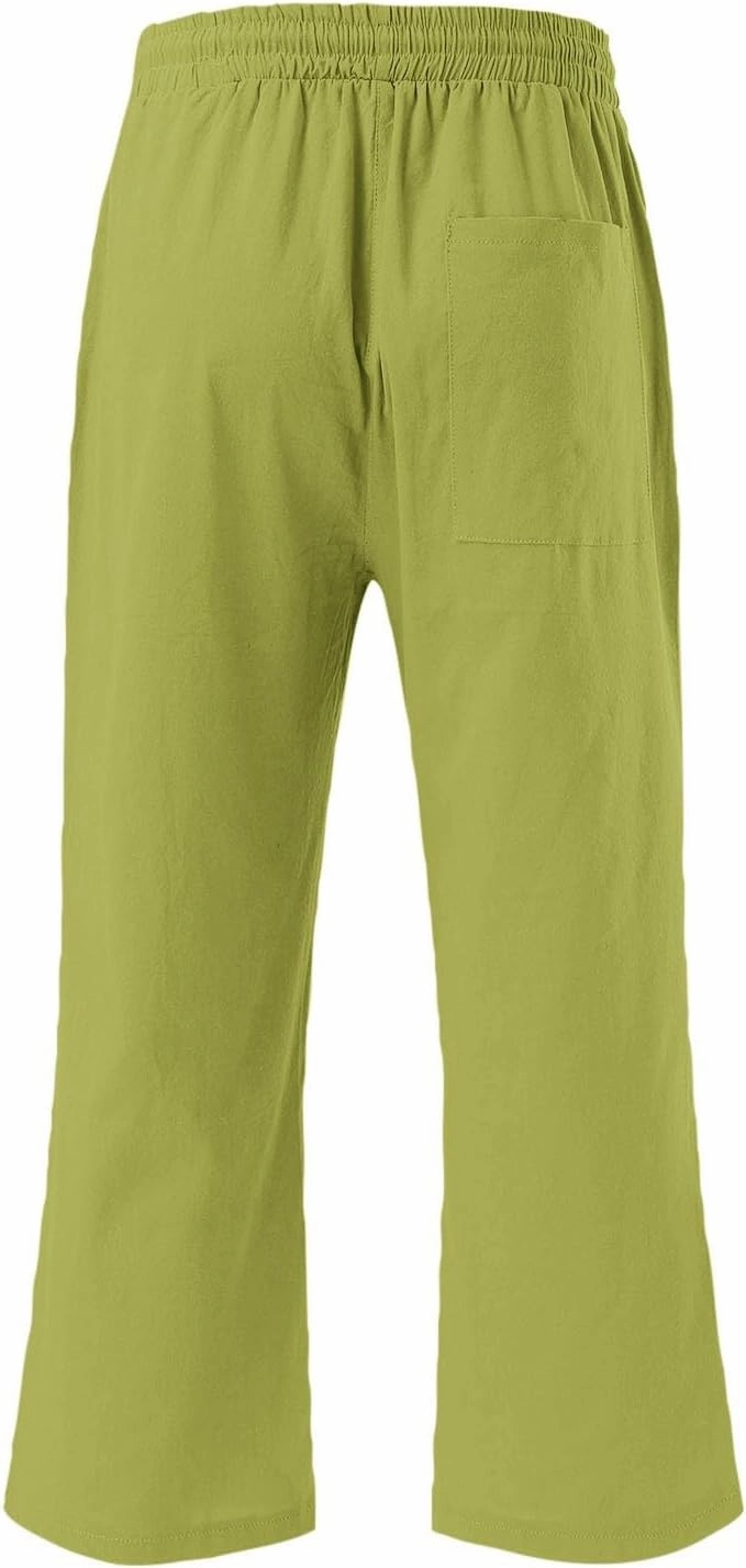 Linen Capri Pants for Women High Waist Drawstring Straight Leg Lounge Pants Summer Fashion Beach Capris with Pockets