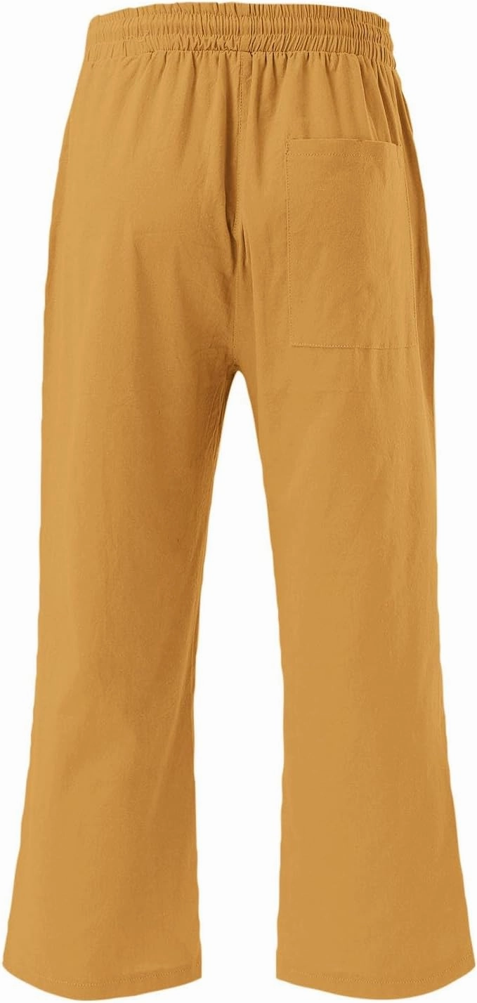 Linen Capri Pants for Women High Waist Drawstring Straight Leg Lounge Pants Summer Fashion Beach Capris with Pockets