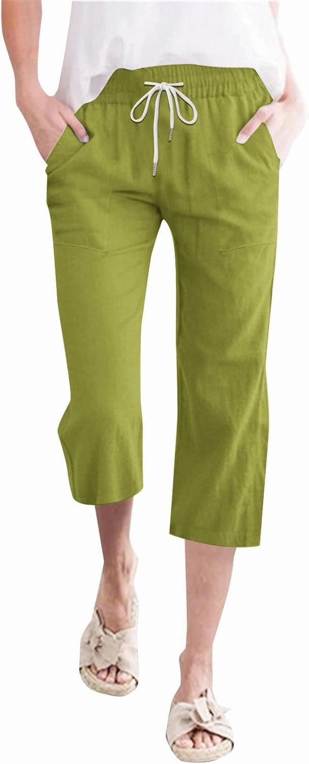 Linen Capri Pants for Women High Waist Drawstring Straight Leg Lounge Pants Summer Fashion Beach Capris with Pockets