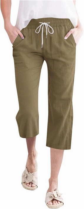 Linen Capri Pants for Women High Waist Drawstring Straight Leg Lounge Pants Summer Fashion Beach Capris with Pockets