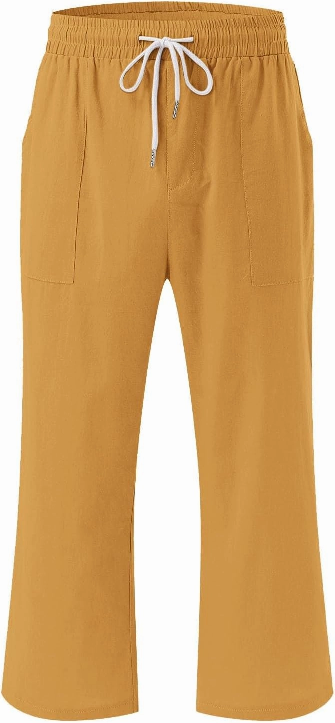 Linen Capri Pants for Women High Waist Drawstring Straight Leg Lounge Pants Summer Fashion Beach Capris with Pockets