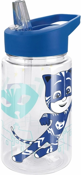 LOGOVISION PJ Masks Kids Tritan Plastic Water Bottle with Straw Lid and Handle, Reusable Tumbler for Toddlers, Unisex for Girls and Boys, 12oz, Big Catboy