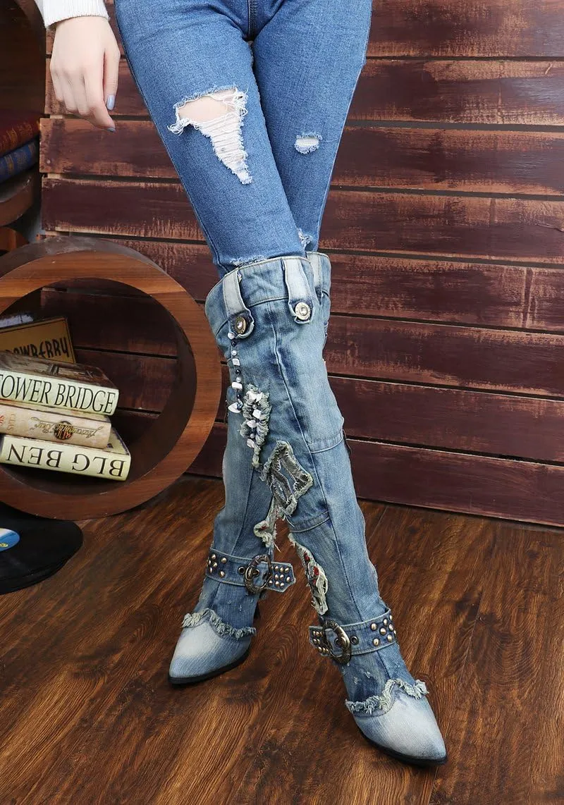 Lorie & Knight Women's Blue/Grey Jeans Knee High Boots Rivet Punk Stiletto Heel Pointed Toe Boots