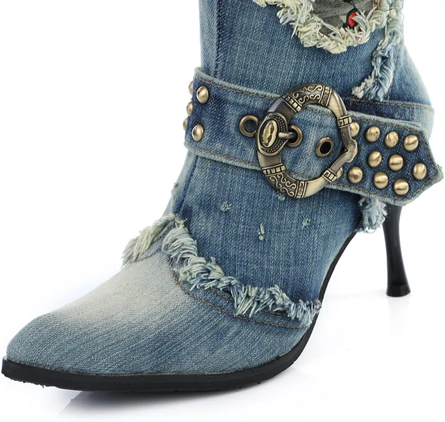 Lorie & Knight Women's Blue/Grey Jeans Knee High Boots Rivet Punk Stiletto Heel Pointed Toe Boots