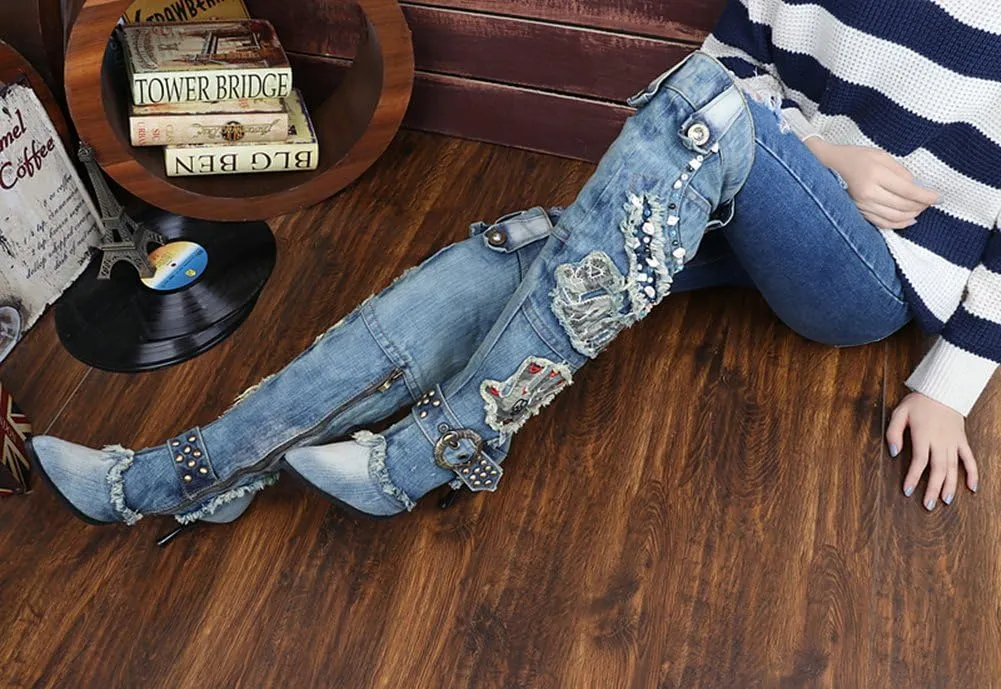 Lorie & Knight Women's Blue/Grey Jeans Knee High Boots Rivet Punk Stiletto Heel Pointed Toe Boots