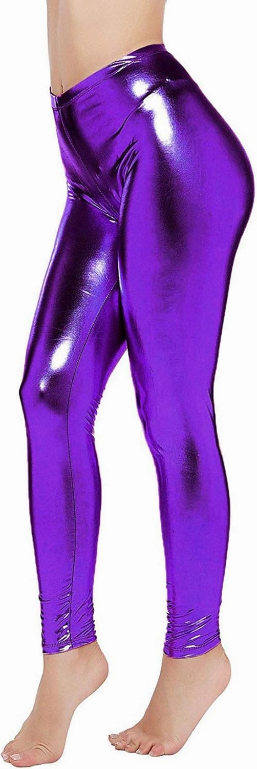 Loxdonz Women Wet Look Shiny Metallic Leggings Liquid Waist Stretch Pants