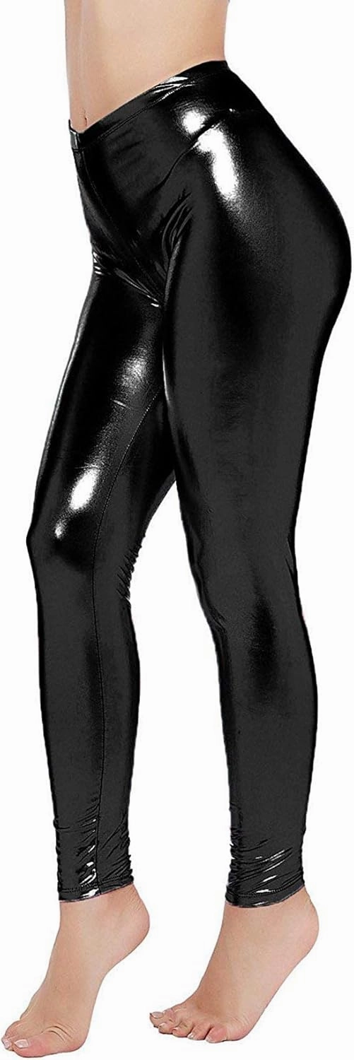 Loxdonz Women Wet Look Shiny Metallic Leggings Liquid Waist Stretch Pants