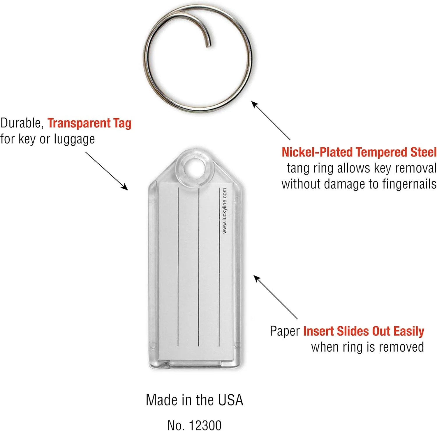 Lucky Line Key Tag with Tang Easy Key Ring, Clear, Box of 100 (1230010)