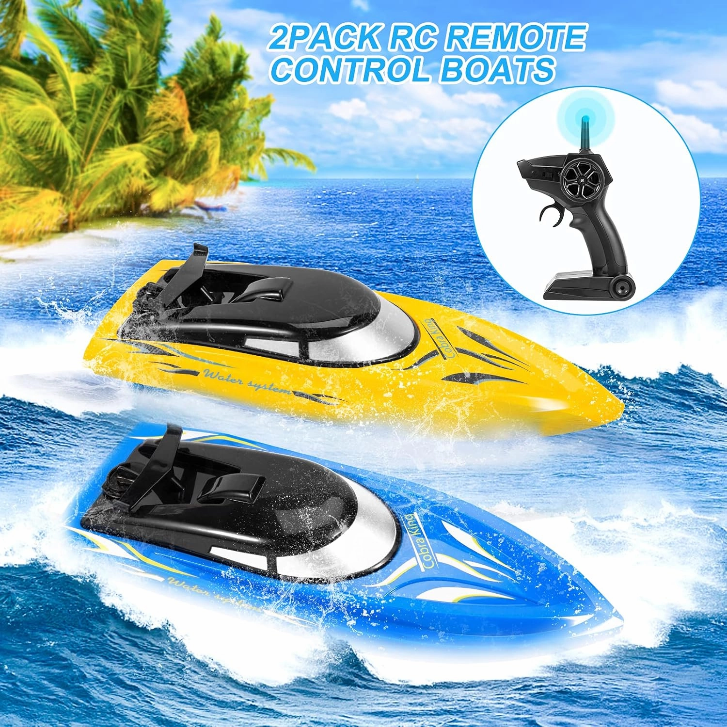 Lumiparty 2PACK RC Boat,Remote Control Boats for Kids and Adults,10km/H 2.4G High Speed Remote Control Boat,Fast RC Boats for Pools and Lakes with 4 Rechargeable Battery.(Blue Yellow)