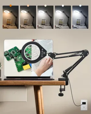 Magnifying Glass with Light, 10X & 5X Real Glass & Anti-Glare Lens, 5 Color Mode Stepless Dimmable LED Desk Magnifying Lamp, Hands-Free Desk Lamp with Clamp for Crafts Reading Repair Hobby (white)