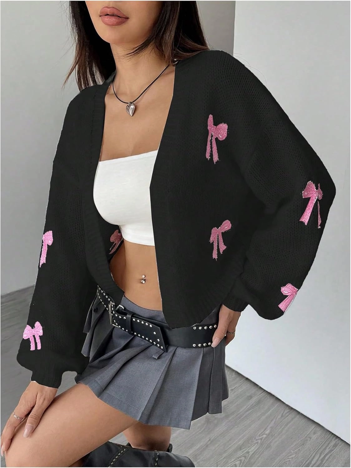 MakeMeChic Women's Cute Cropped Cable Knit Lightweight Cardigan Lantern Sleeve Open Front Cardigan Sweaters