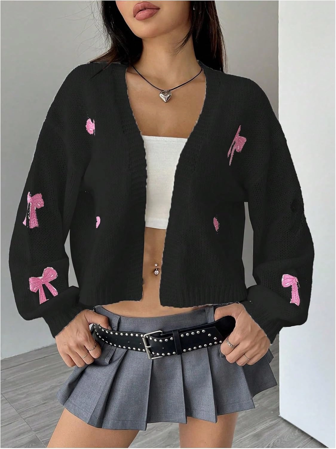 MakeMeChic Women's Cute Cropped Cable Knit Lightweight Cardigan Lantern Sleeve Open Front Cardigan Sweaters