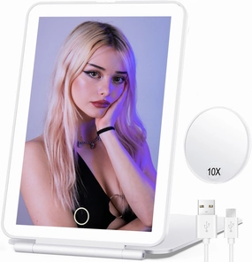 Makeup Mirror,Vanity with Lights, 10X Magnification, Folding Lighted Rechargeable Travel Mirror,Lighted Mirror,Makeup 72 Led Women Gift (White)