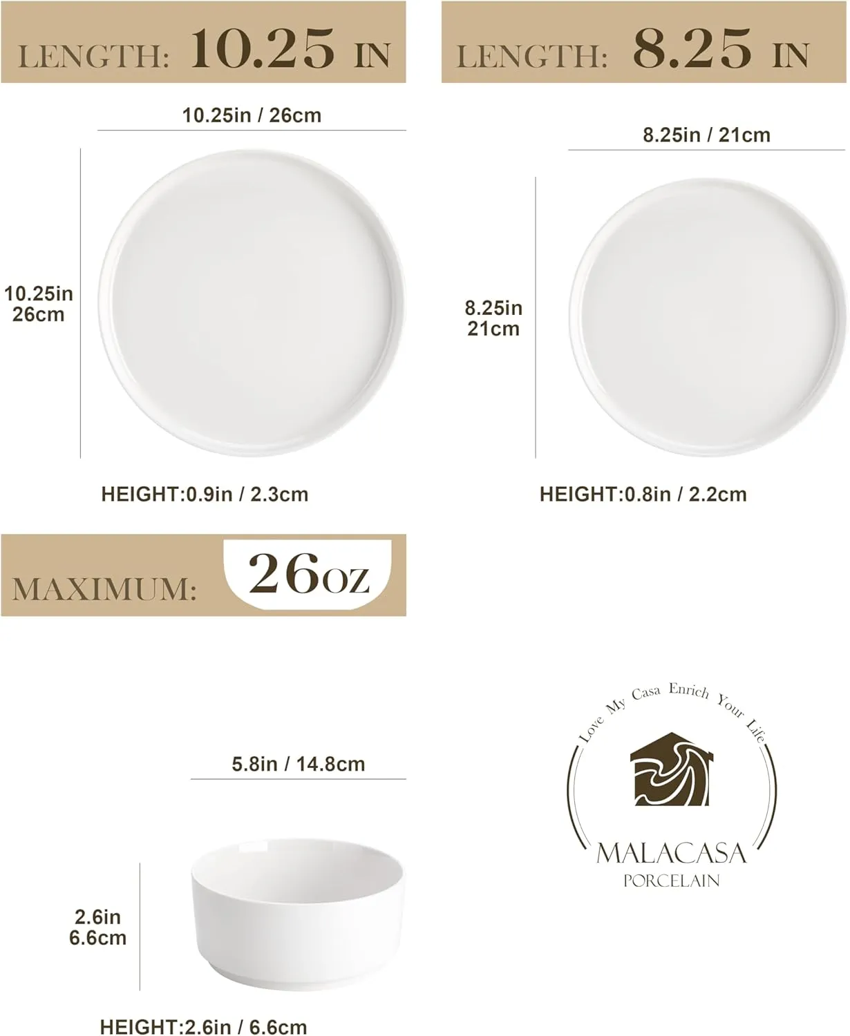 MALACASA 24 Pieces Porcelain Dinnerware Set, Modern White Dish Set for 8, Premium Serving Plates and Bowls Sets, Chip and Scratch Resistant Dishware Sets Kitchen Dishes Dining Ware Set, Series LEAH