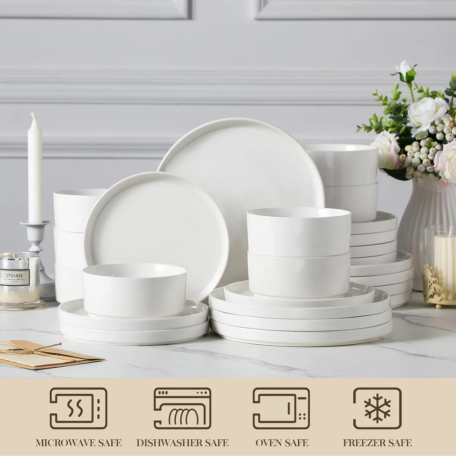 MALACASA 24 Pieces Porcelain Dinnerware Set, Modern White Dish Set for 8, Premium Serving Plates and Bowls Sets, Chip and Scratch Resistant Dishware Sets Kitchen Dishes Dining Ware Set, Series LEAH