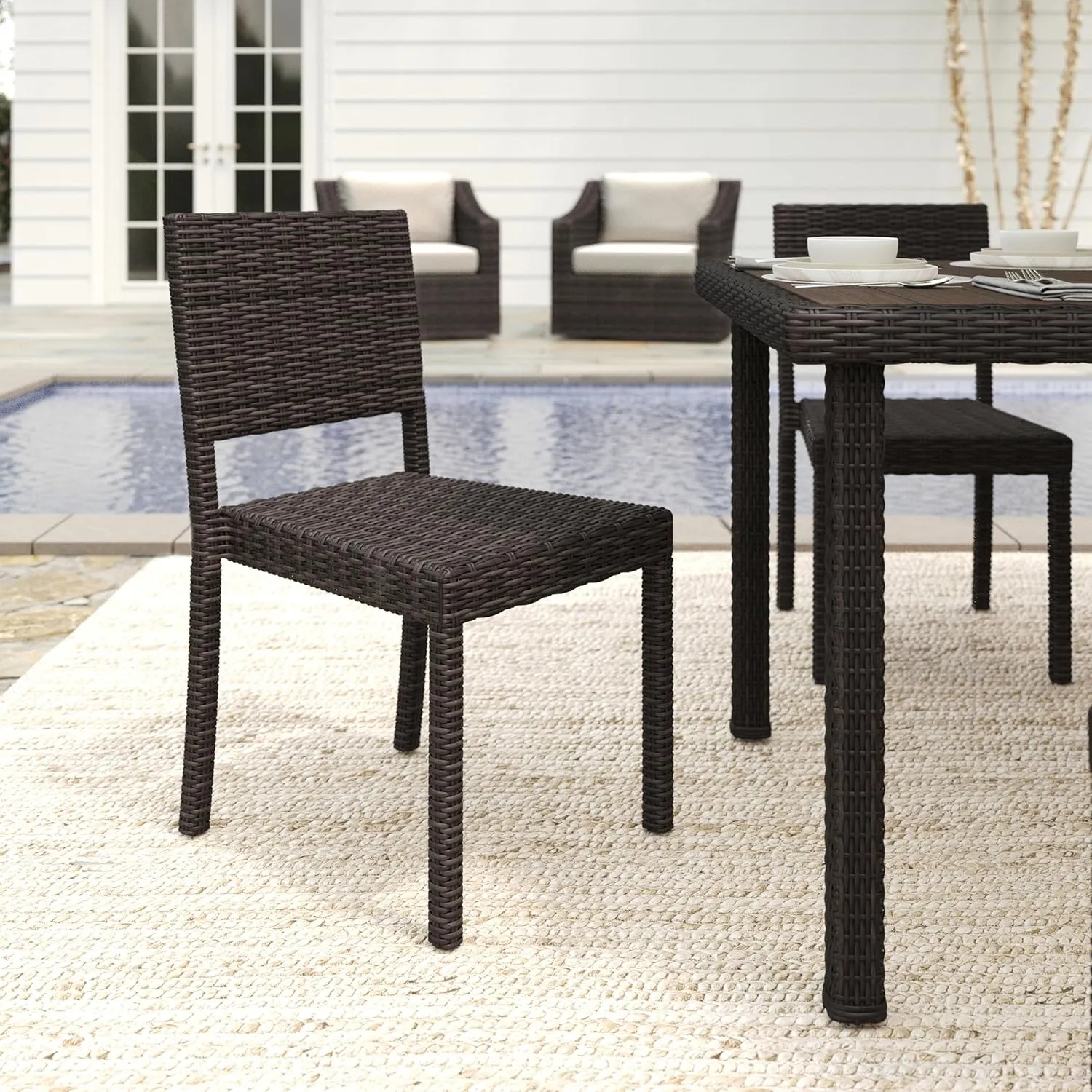 Martha Stewart Bedford Indoor-Outdoor Stackable Patio Chairs with Rattan Wicker Finish in Brown, Set of 2