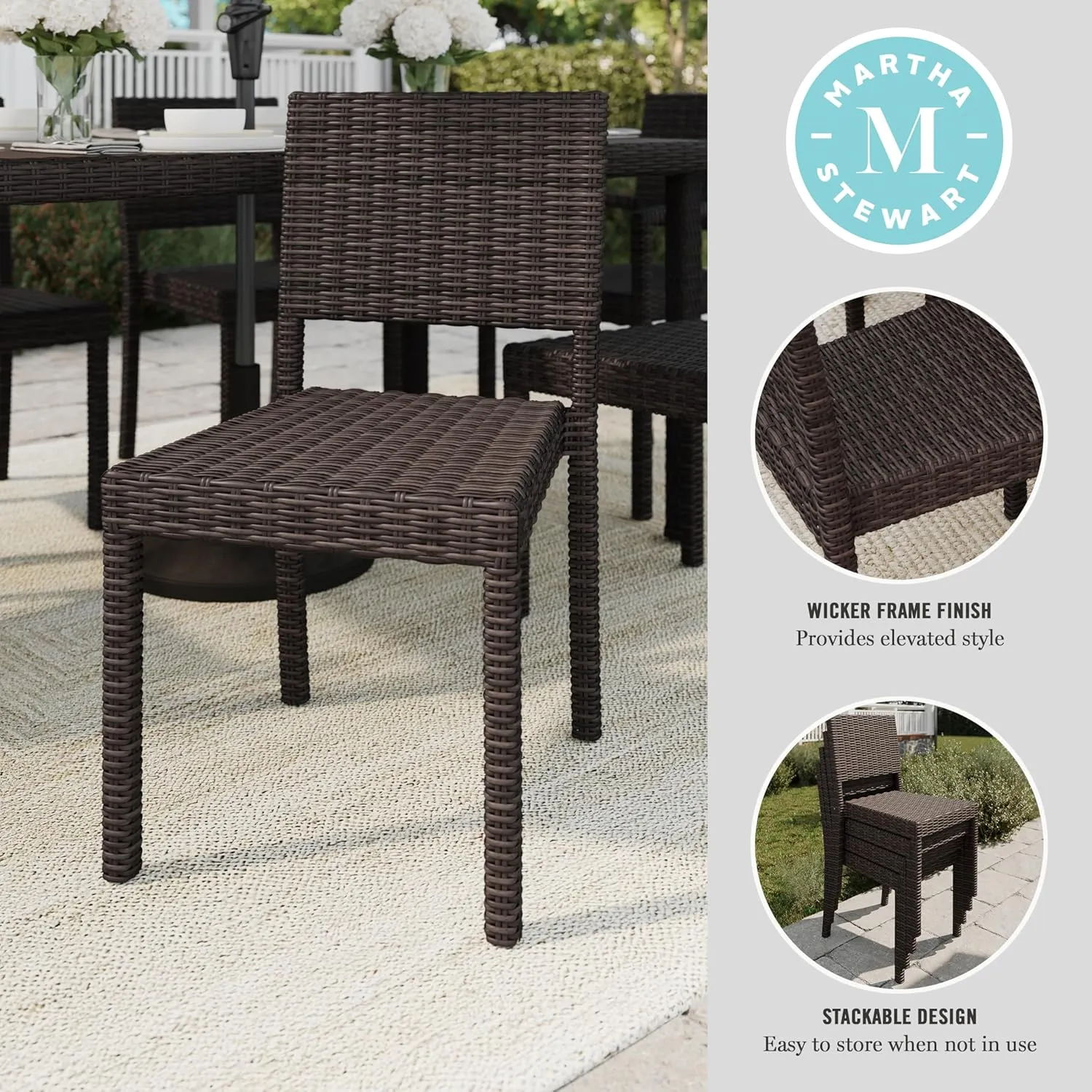 Martha Stewart Bedford Indoor-Outdoor Stackable Patio Chairs with Rattan Wicker Finish in Brown, Set of 2