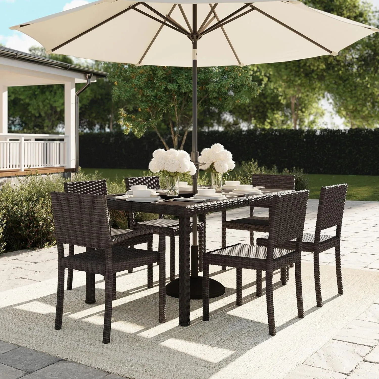Martha Stewart Bedford Indoor-Outdoor Stackable Patio Chairs with Rattan Wicker Finish in Brown, Set of 2