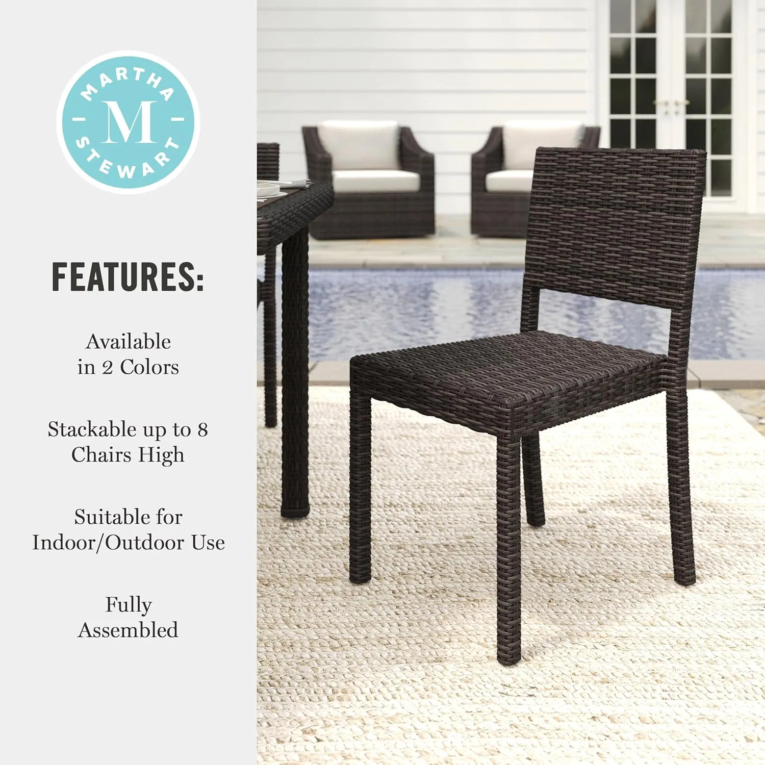 Martha Stewart Bedford Indoor-Outdoor Stackable Patio Chairs with Rattan Wicker Finish in Brown, Set of 2