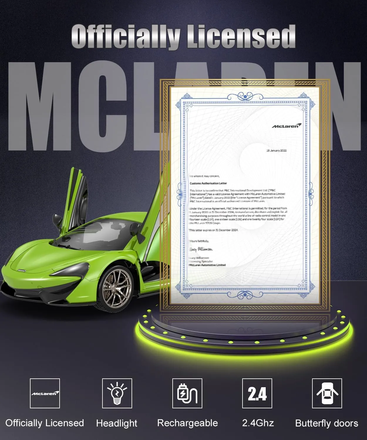 McLaren Remote Control Car, 1:14 Scale McLaren RC Cars 7.4V 500mAh Officially Licensed 15Km/h Fast Toy Car with Headlight 2.4Ghz Toy Car for Adults Boys Girls Birthday Gift, Green