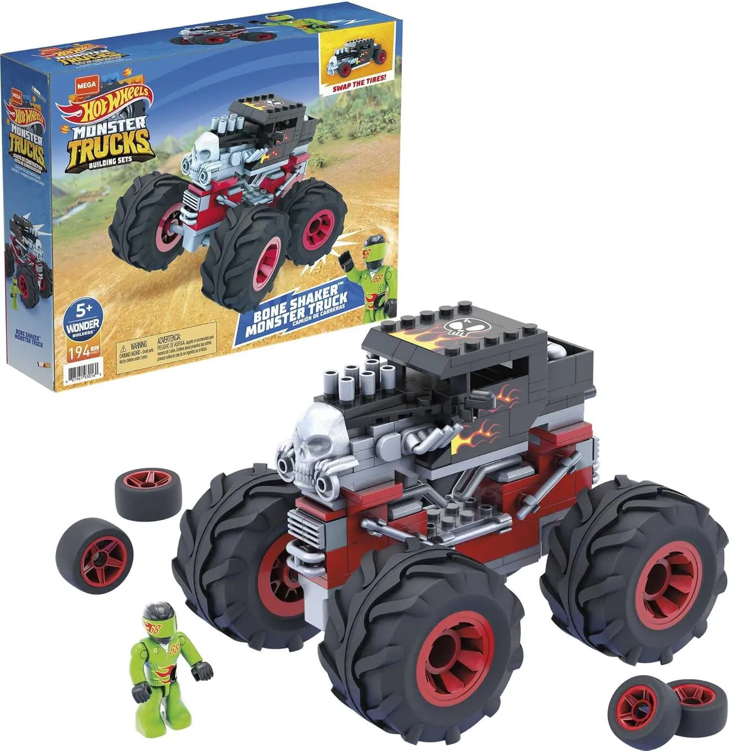 MEGA Construx Hot Wheels Monster Trucks Toy Car Building Set, Bone Shaker with 194 Pieces, 1 Micro Action Figure Driver, Red, Kids Age 5  Years
