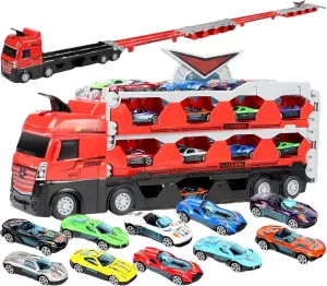 Mega Hauler Truck with Ejection Race Track, Kids Deform Catapulting and Shooting Big Truck Folding Storage Transporter Toy, Toy Truck Transporter Car Carrier for Kids 3  Years Old (8 Car)