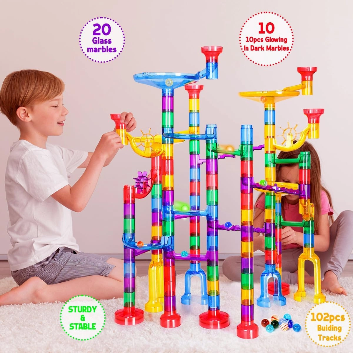 Meland Marble Run - 132Pcs Marble Maze Game Building Toy for Kid, Marble Track Race Set & STEM Learning Toys for Boy Girl Age 3 4 5 6 7 8 9  (102 Translucent Marbulous Pcs & 30 Glass Marbles)