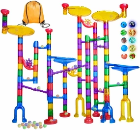Meland Marble Run - 132Pcs Marble Maze Game Building Toy for Kid, Marble Track Race Set & STEM Learning Toys for Boy Girl Age 3 4 5 6 7 8 9  (102 Translucent Marbulous Pcs & 30 Glass Marbles)
