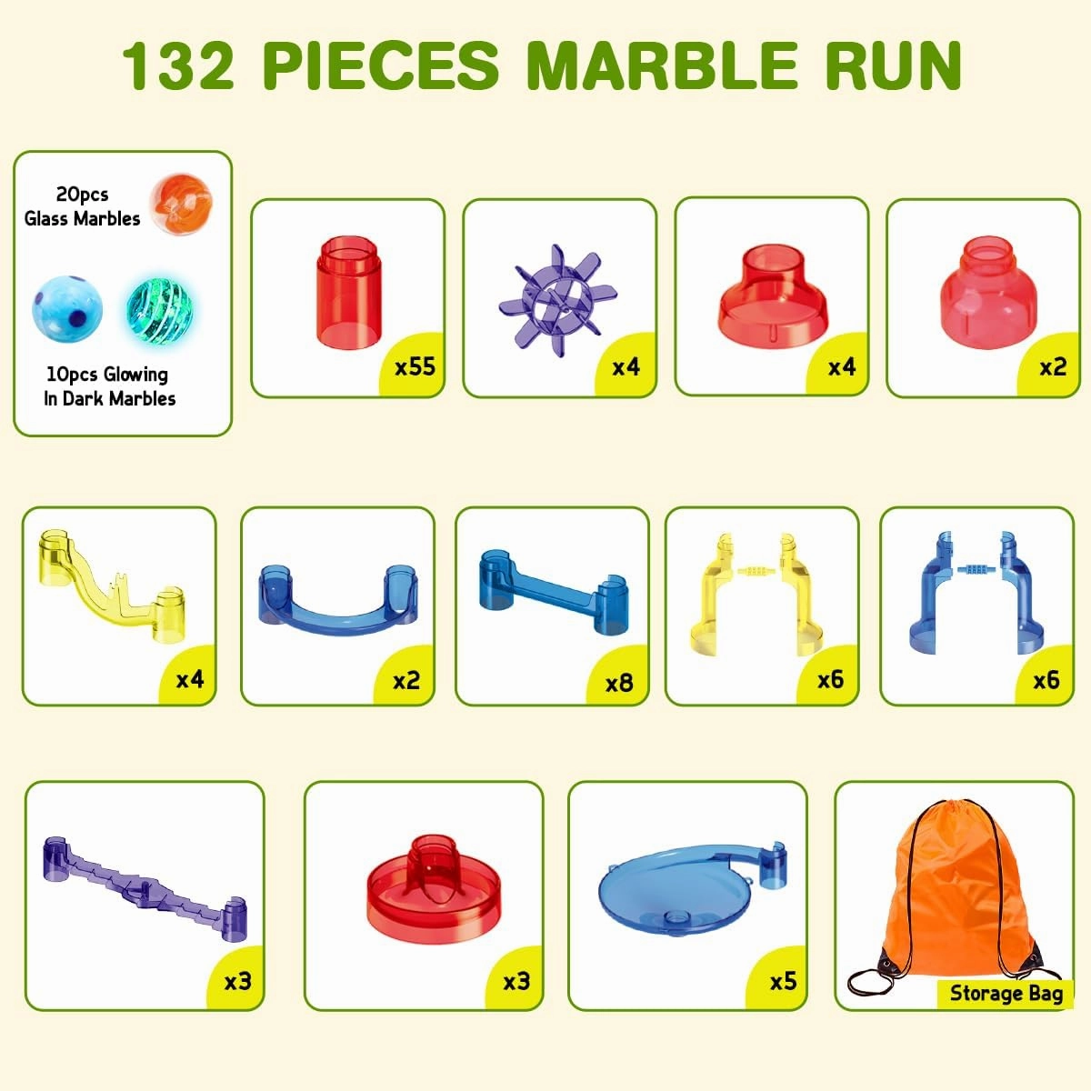 Meland Marble Run - 132Pcs Marble Maze Game Building Toy for Kid, Marble Track Race Set & STEM Learning Toys for Boy Girl Age 3 4 5 6 7 8 9  (102 Translucent Marbulous Pcs & 30 Glass Marbles)
