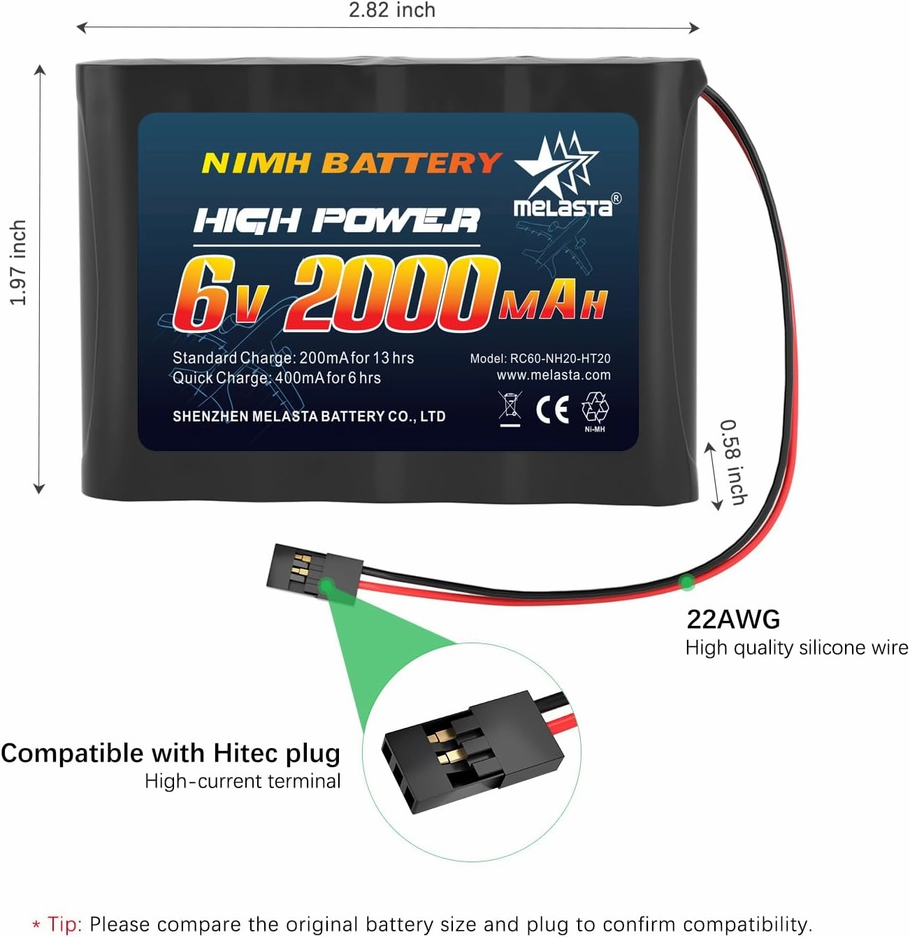 melasta RC Receiver Battery 6V 2000mAh Rechargeable NiMH Receiver RX Batteries Pack Compatible with Futaba RC Airplane Servo Controller Hitec Connectors for RC Airplanes/RC Aircrafts (2-Pack)