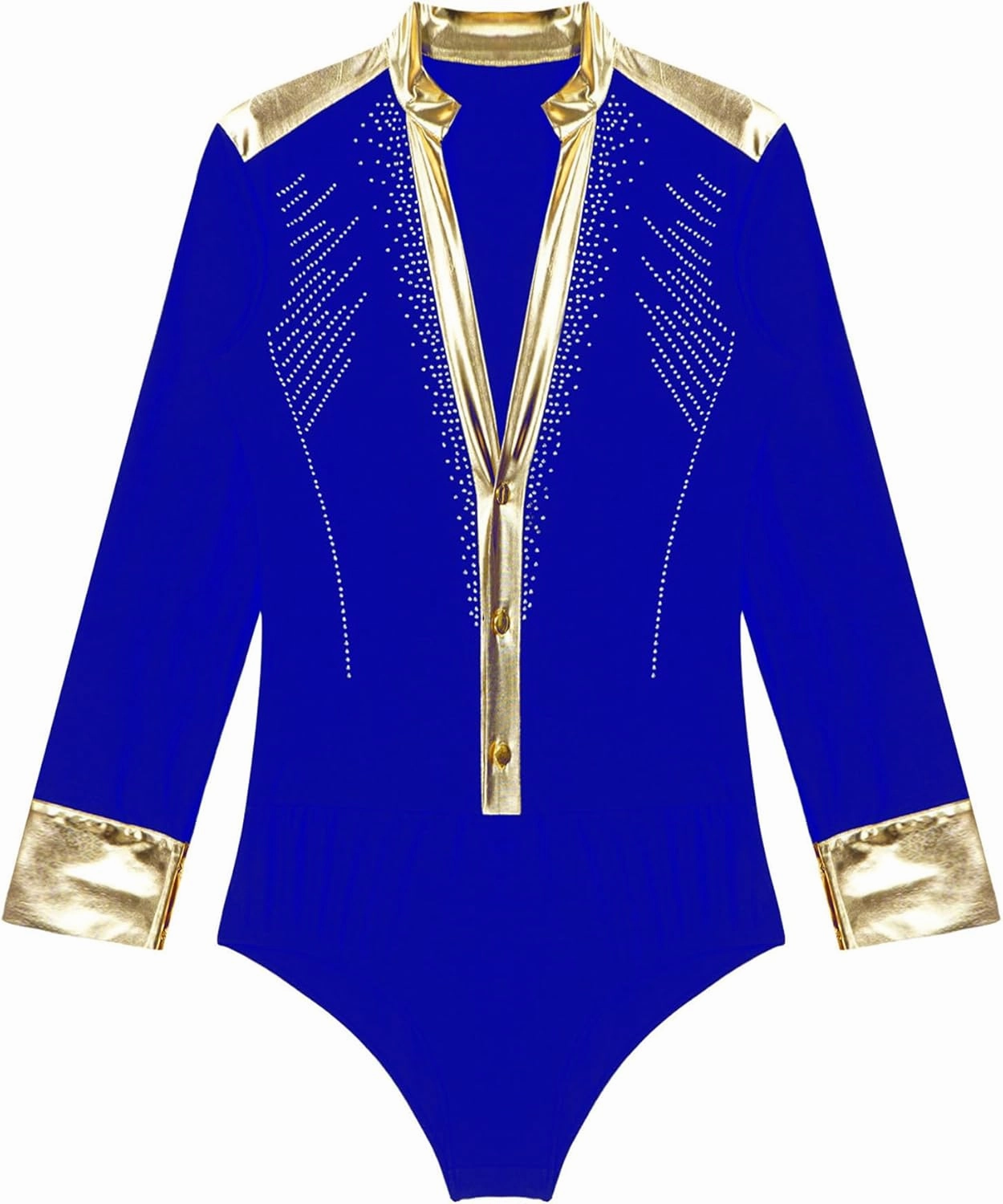 Men's Metallic V Neck Latin Chacha Samba Rumba Dance Shirt Long Sleeve Leotard Ballroom Dancewear