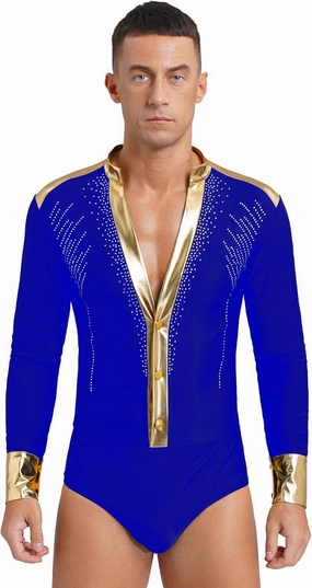 Men's Metallic V Neck Latin Chacha Samba Rumba Dance Shirt Long Sleeve Leotard Ballroom Dancewear