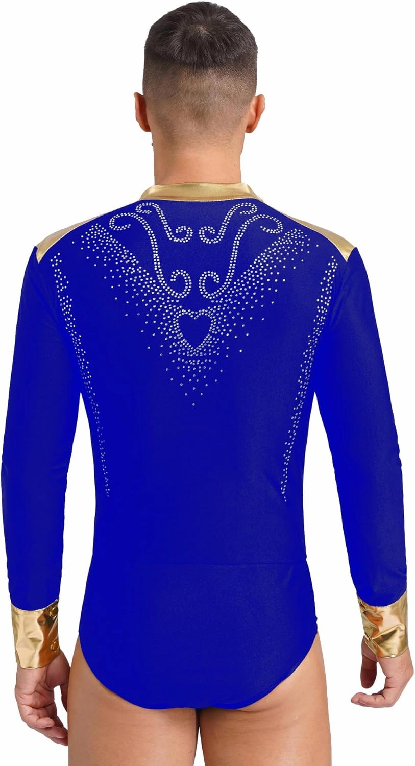 Men's Metallic V Neck Latin Chacha Samba Rumba Dance Shirt Long Sleeve Leotard Ballroom Dancewear
