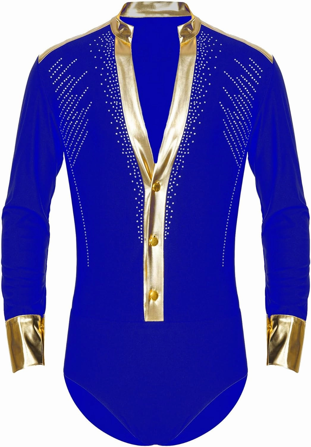 Men's Metallic V Neck Latin Chacha Samba Rumba Dance Shirt Long Sleeve Leotard Ballroom Dancewear