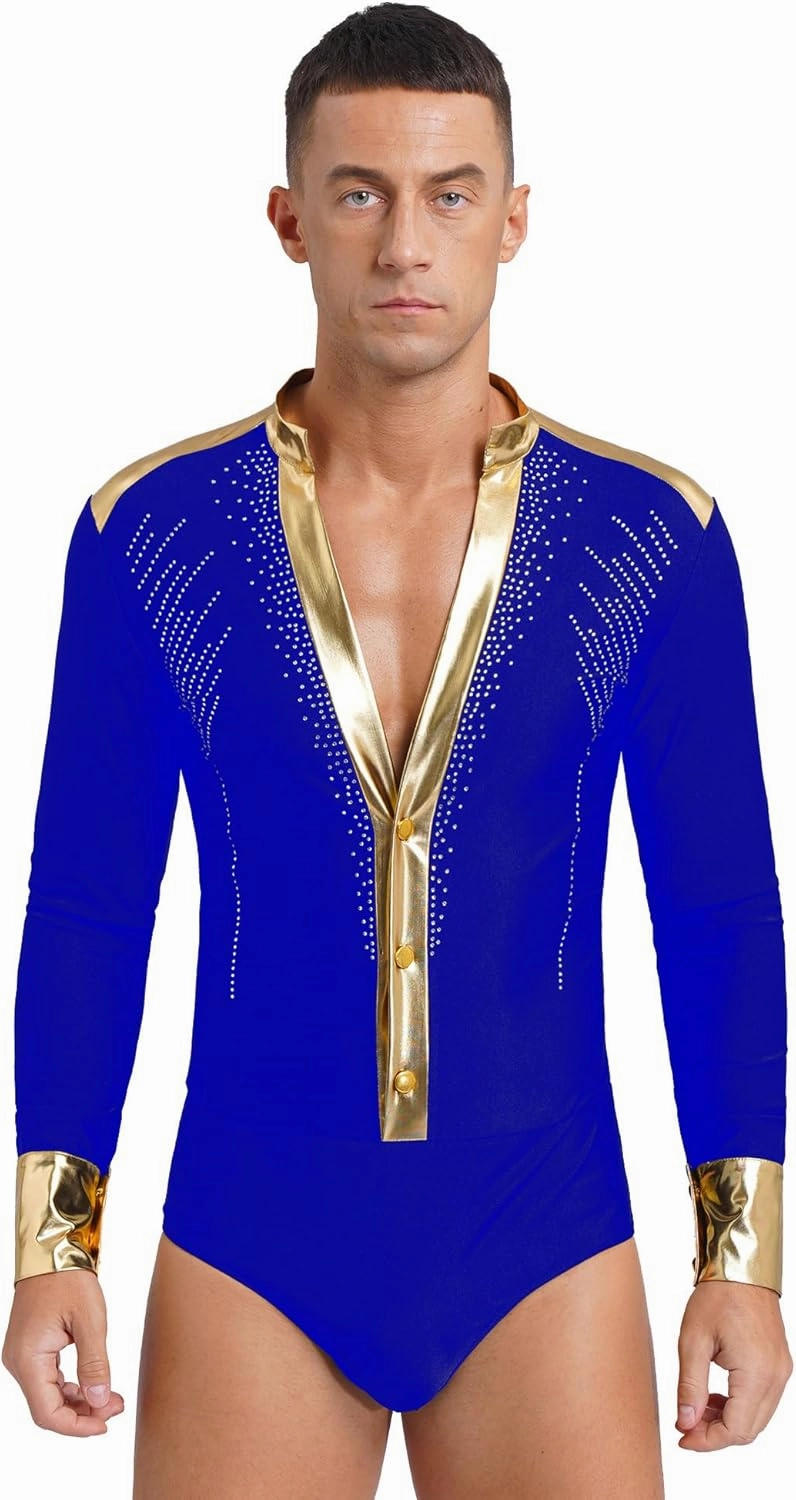 Men's Metallic V Neck Latin Chacha Samba Rumba Dance Shirt Long Sleeve Leotard Ballroom Dancewear