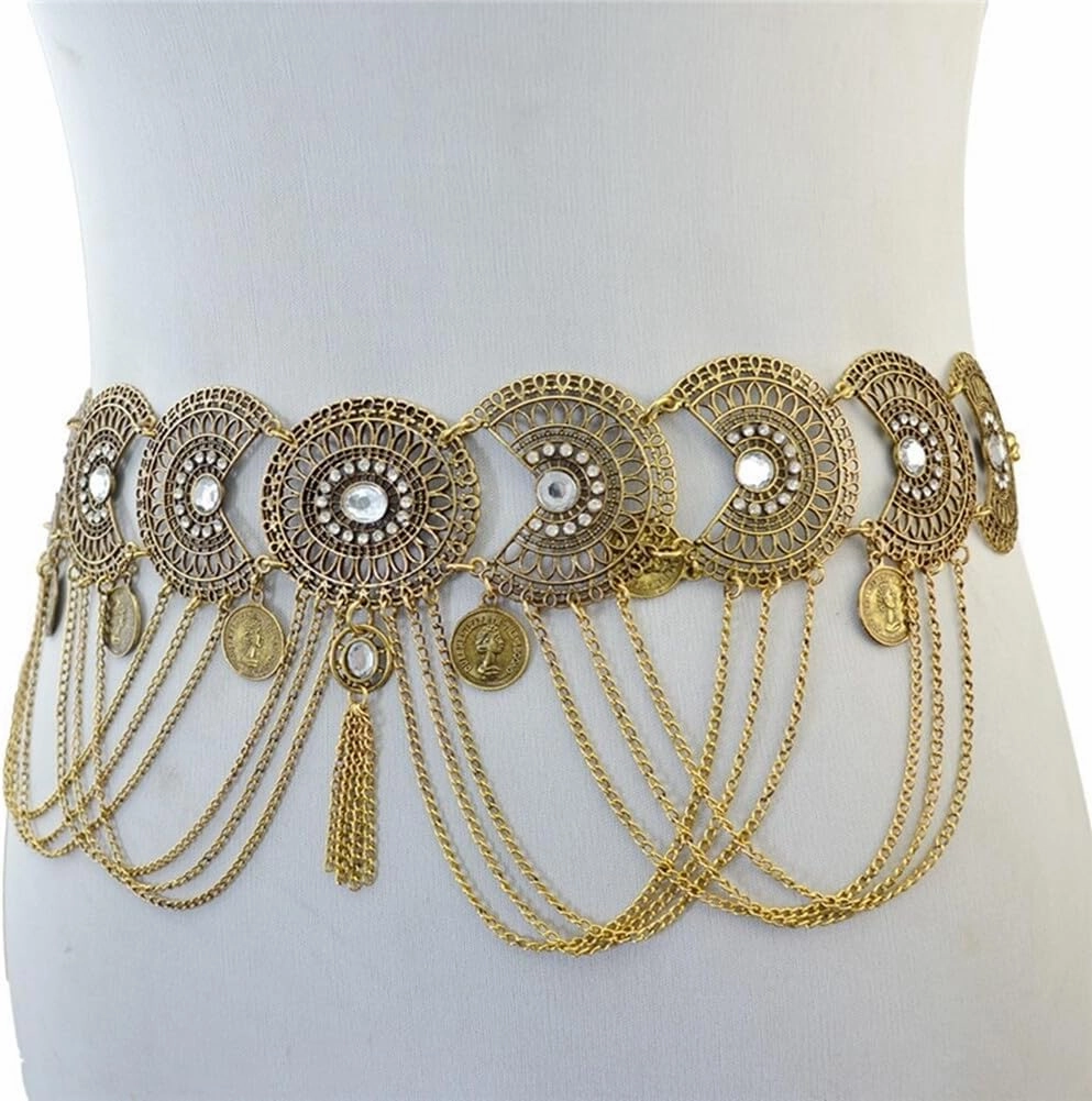 Metal Chain Waist Belt Coin Zcargel Tassel Waist Chain Ethnic Style Body Chain Adjustable Waist Accessories Alloy Rhinestones Waist Chain Fashion Cowgirl Concho Country Waist Chain Belts