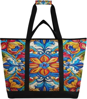 Mexican Yile Flowers Reusable Insulated Lunchbox Cooler Bag, Leakproof Kitchen Grocery Bag Collapsible Portable Cooler Tote Bag for Picnic, Camping, Office, Travel