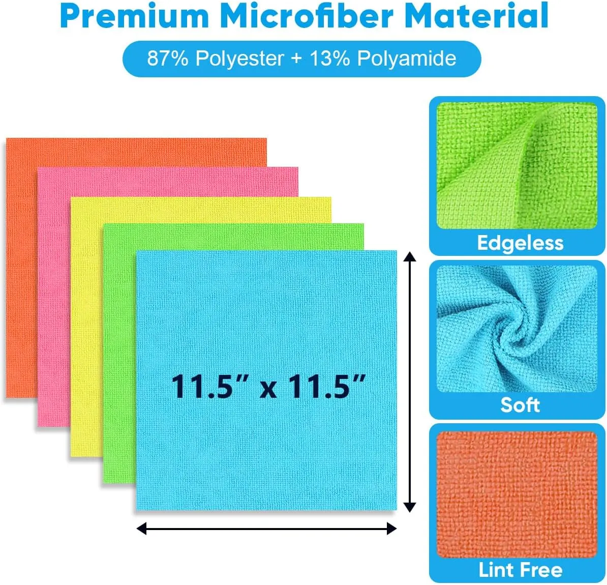 Microfiber Cleaning Cloth, 100PK Commercial Grade Work Rags Microfiber Towels for Cars Cleaning Rags Bulk Detailing Cloth for Automotive Bar Mechanic Restaurant Garage, 11.5"x11.5", Multicolor