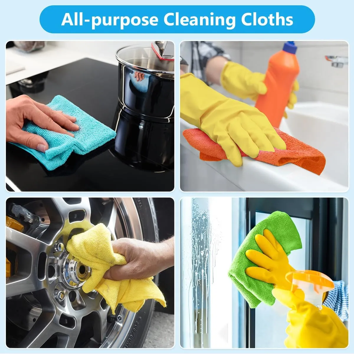 Microfiber Cleaning Cloth, 100PK Commercial Grade Work Rags Microfiber Towels for Cars Cleaning Rags Bulk Detailing Cloth for Automotive Bar Mechanic Restaurant Garage, 11.5"x11.5", Multicolor