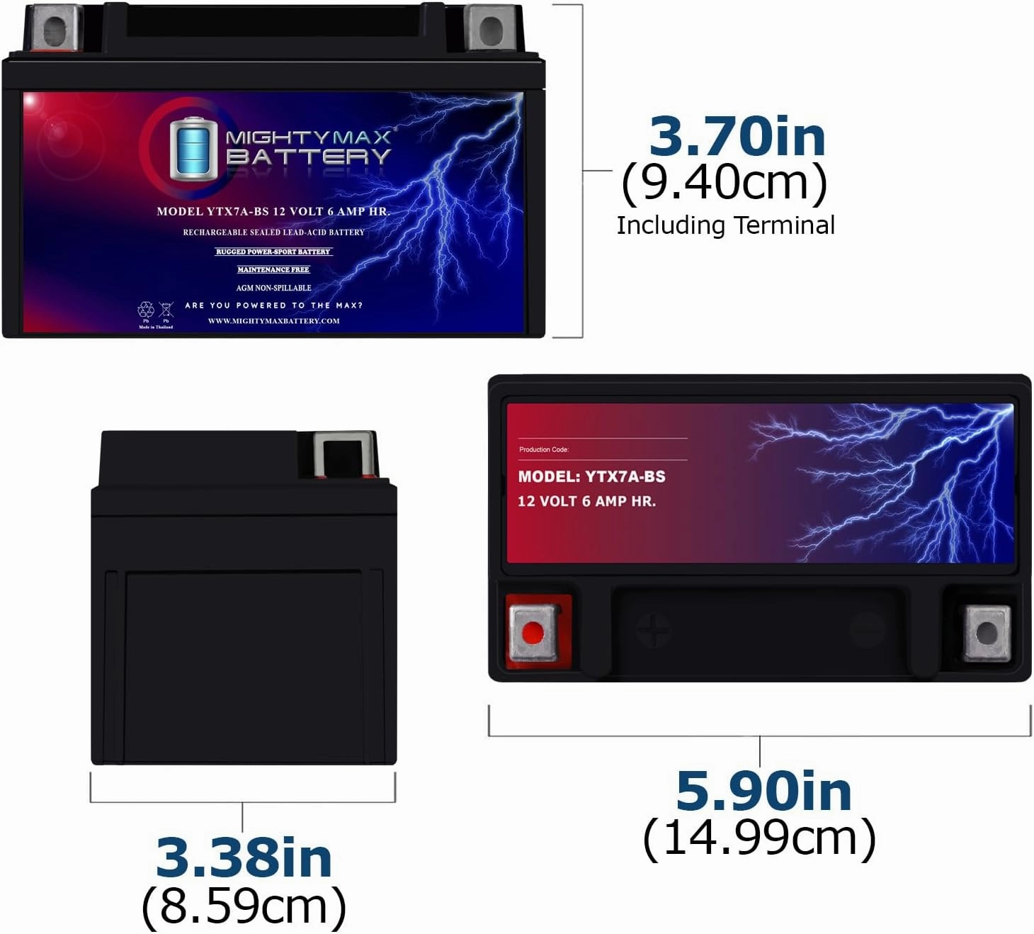 Mighty Max Battery YTX7A-BS Replacement Battery for Moose Racing MTX7A-BS - 3 Pack