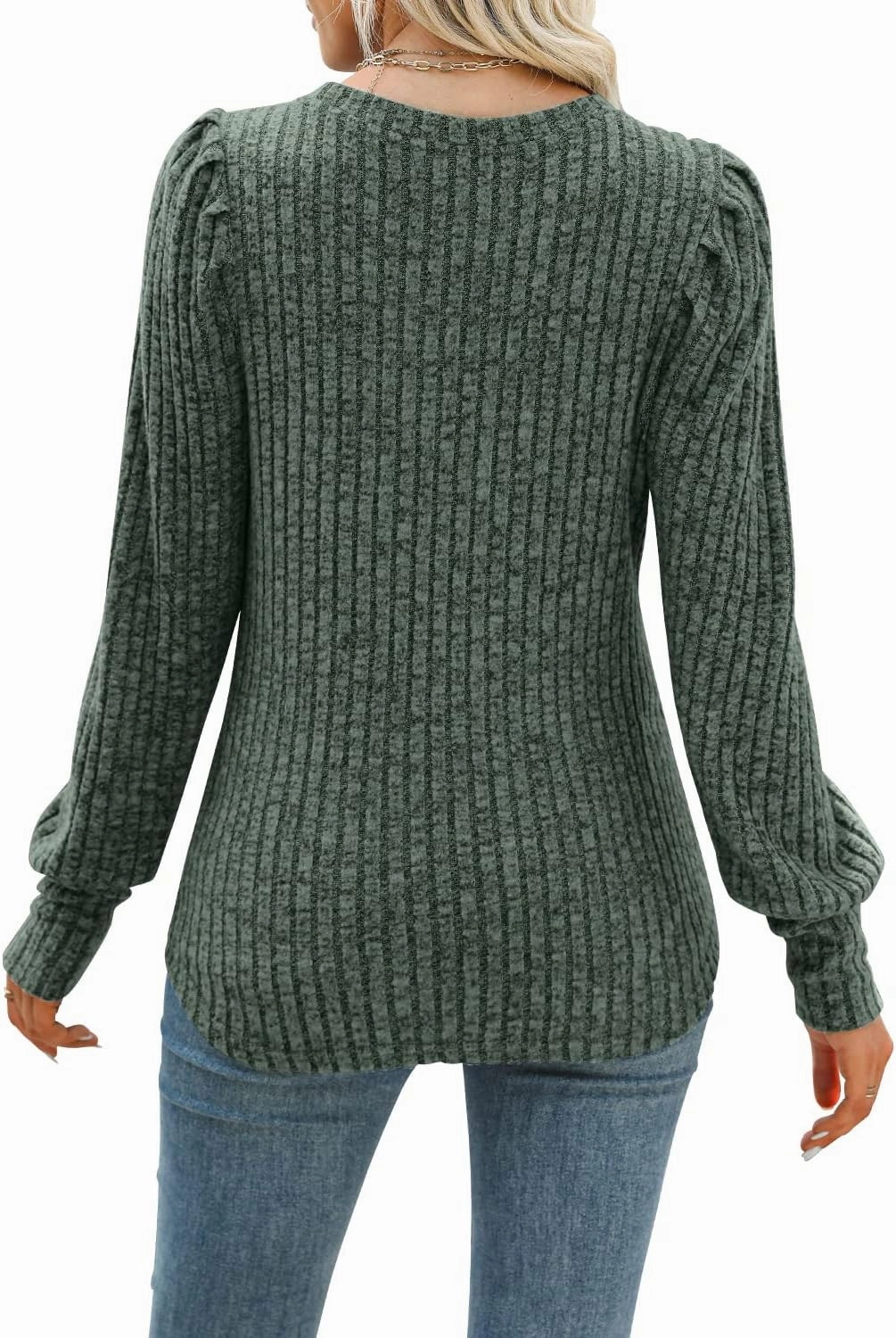 MIHOLL Women's Puff Long Sleeve Shirts Casual Knit Blouses Crew Neck Elegant Tunic Tops