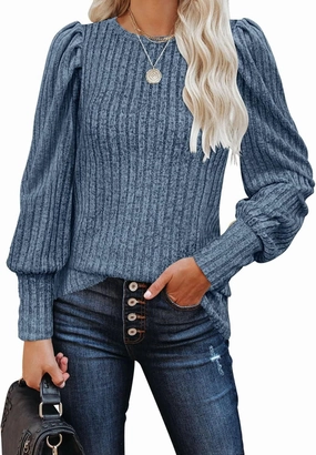 MIHOLL Women's Puff Long Sleeve Shirts Casual Knit Blouses Crew Neck Elegant Tunic Tops