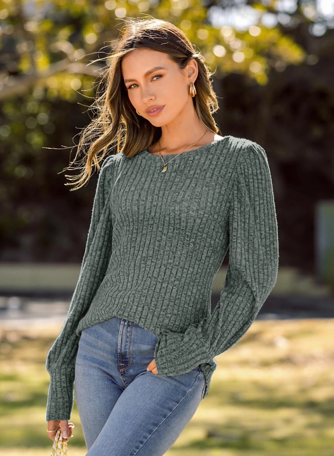 MIHOLL Women's Puff Long Sleeve Shirts Casual Knit Blouses Crew Neck Elegant Tunic Tops