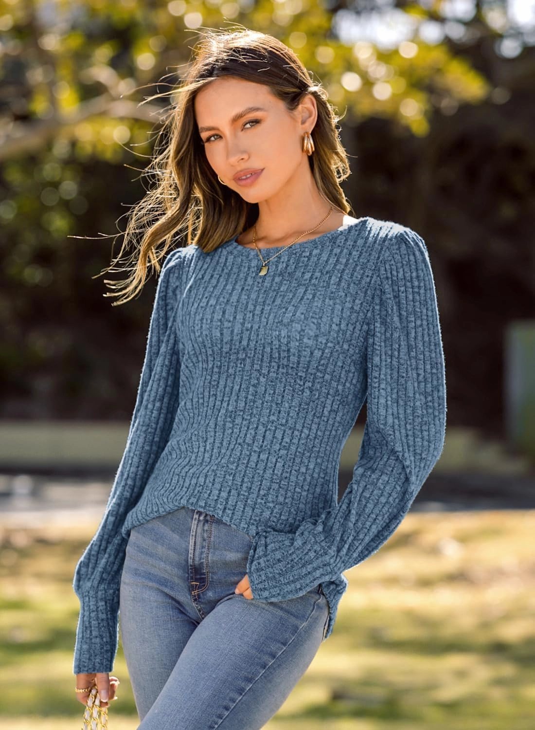 MIHOLL Women's Puff Long Sleeve Shirts Casual Knit Blouses Crew Neck Elegant Tunic Tops