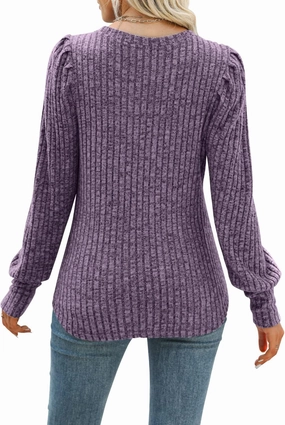 MIHOLL Women's Puff Long Sleeve Shirts Casual Knit Blouses Crew Neck Elegant Tunic Tops